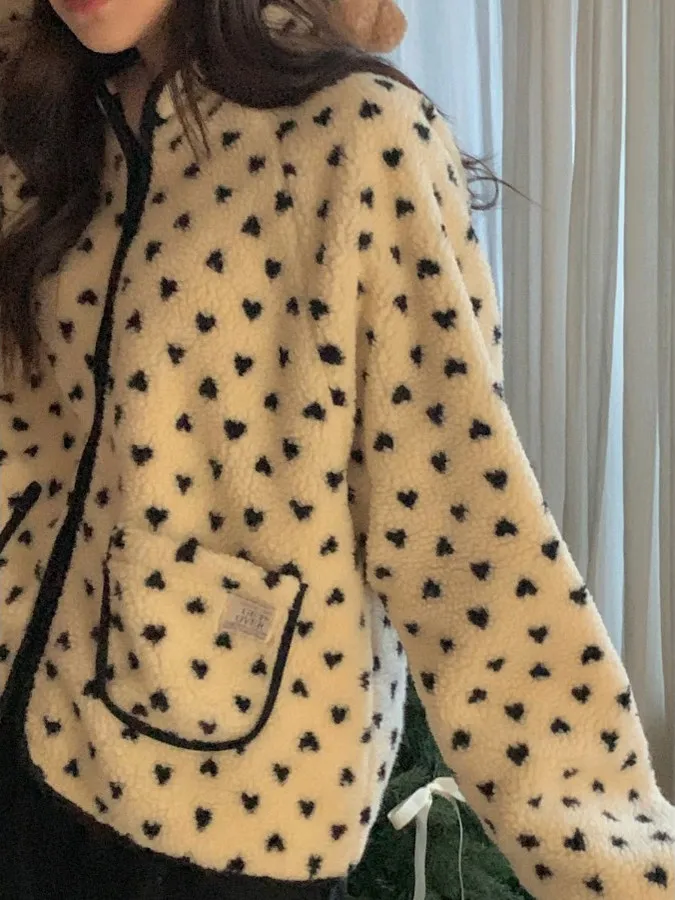 เสื้อโค้ทผ้าฝ้ายลายจุดรูปหัวใจสำหรับผู้หญิง สไตล์ชิค ลุคสบายๆ  รุ่นใหม่ล่าสุดสำหรับฤดูหนาว เนื้อผ้านุ่ม อุ่นสบาย