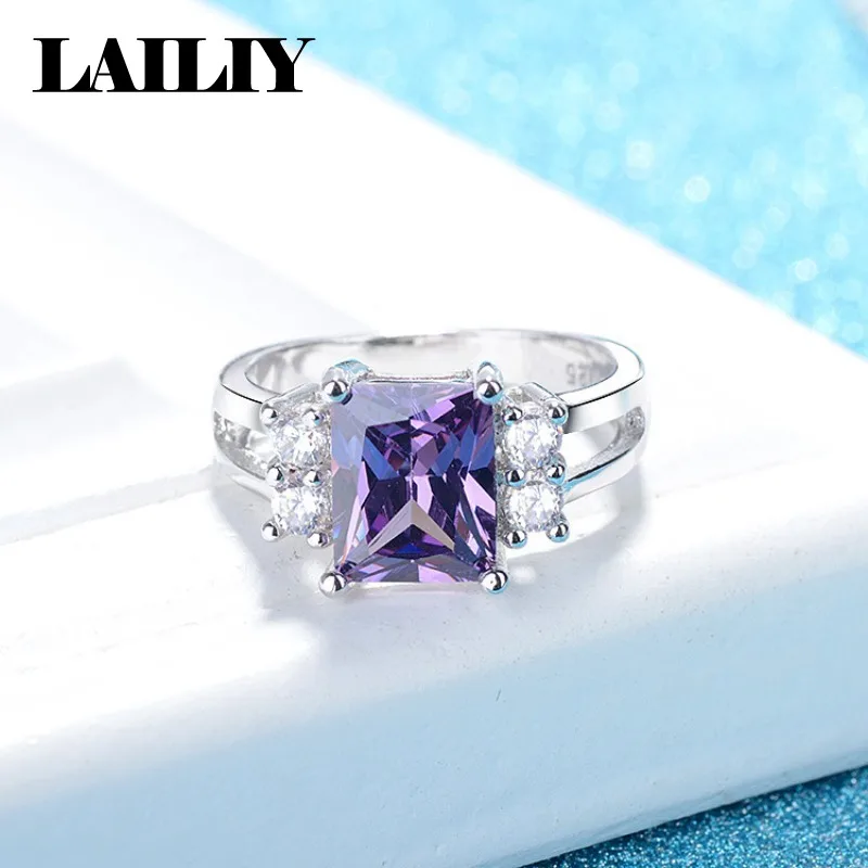 925 Sterling Silver Adjustable with Diamond Studded Purple Rectangular Center Stone Ring for Women Fashion Jewelry