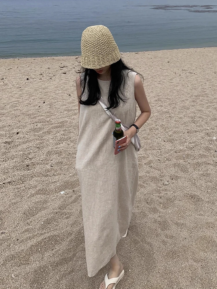 Liangliang mat Pure Color Lin Vest Dr Women Summer New Loose Svel Gonna lunga Coreana Sle Vita ampia