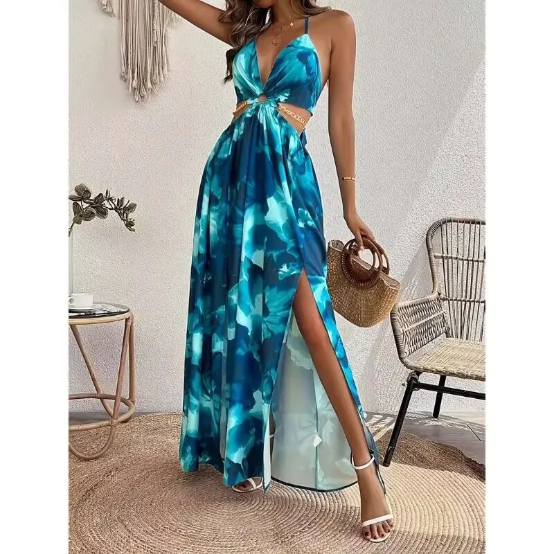 

Womens Dresses 2025 Summer Fashion Sexy Backless Side Slit Floral Print Hollow Waist Halter Lace Up Casual Vacation Long Dress