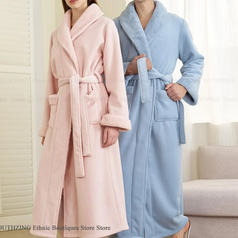 Autumn Winter Couple Long Robe Home Clothing Thicken Flannel Bathrobe Kimono Gown Loungewear Loose Coral Fleece Sleepwear PAJAMA
