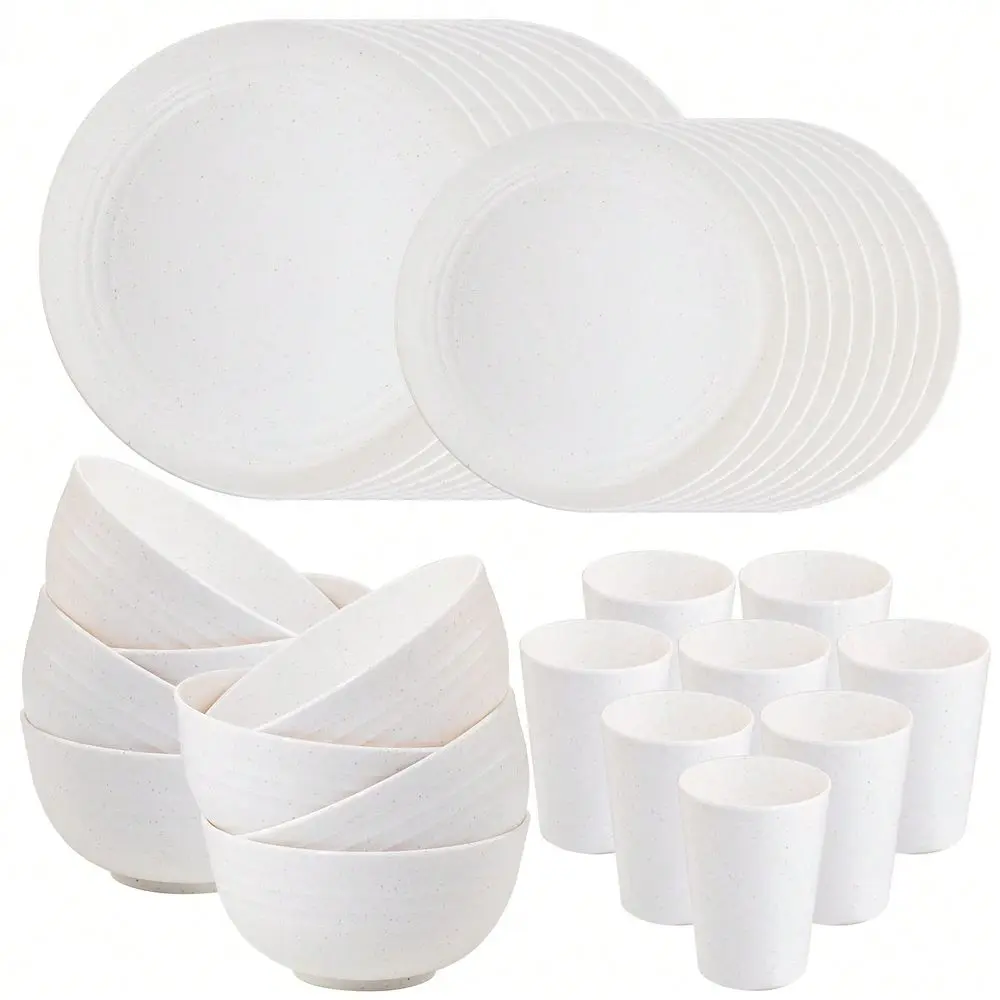 

32pcs Wheat Straw Dinnerware Sets,White Dishes For 8,Plates And Bowls Sets,Reusable Plastic Plates,Microwave Dishwasher Safe Pl