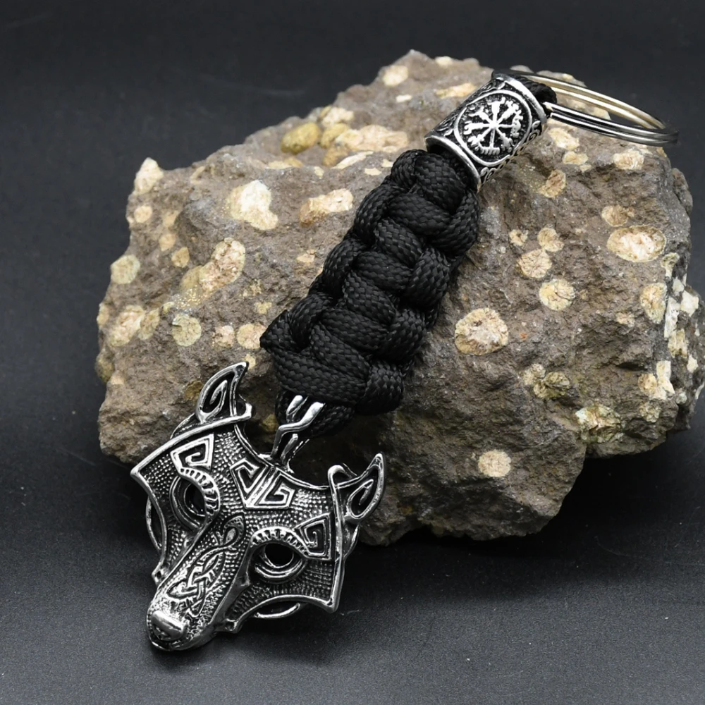 Nordic Mythology Wolf Head Keychain Men\'s Retro Handmade Survival Rope Lanyard Pendant Keyring Vikings Runes Vegvisir Jewelry