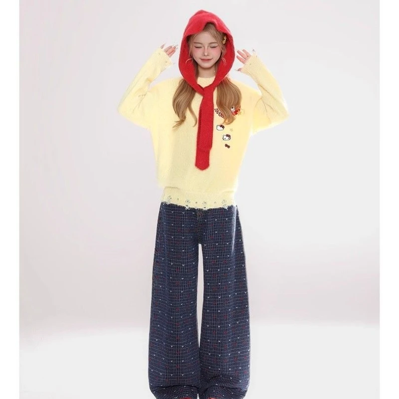 Sanrio Hello Kitty Maglione lavorato a maglia da donna Sciarpa/Scialle Pullover in pile di visone Y2k Stile college coreano Donna Dolce con cappuccio Top