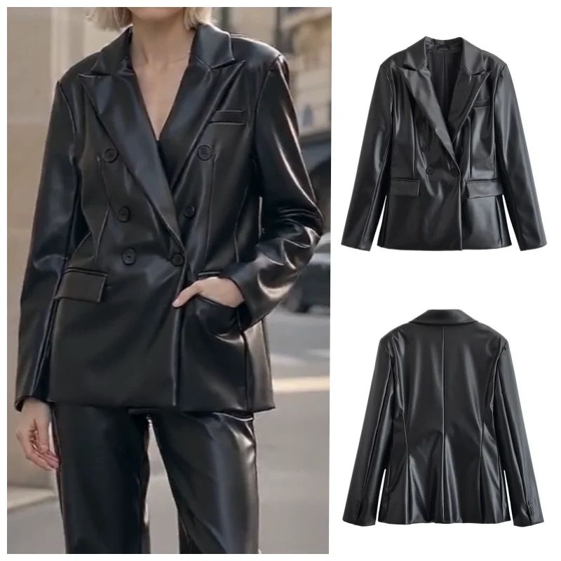 Guobioziy 2026 Women's New Classic Double Breasted Leather Blazer Fashionable and Versatile Elegant and Refined Casual
