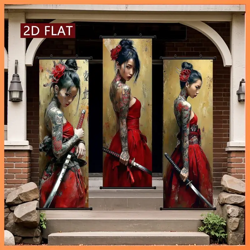 VIKAMA Tattooed Geisha Sword Wall Tapestry Crimson Rose Vintage Amber Scroll Art Home Decor Lovely Gift Soft Durable Cozy Indoor