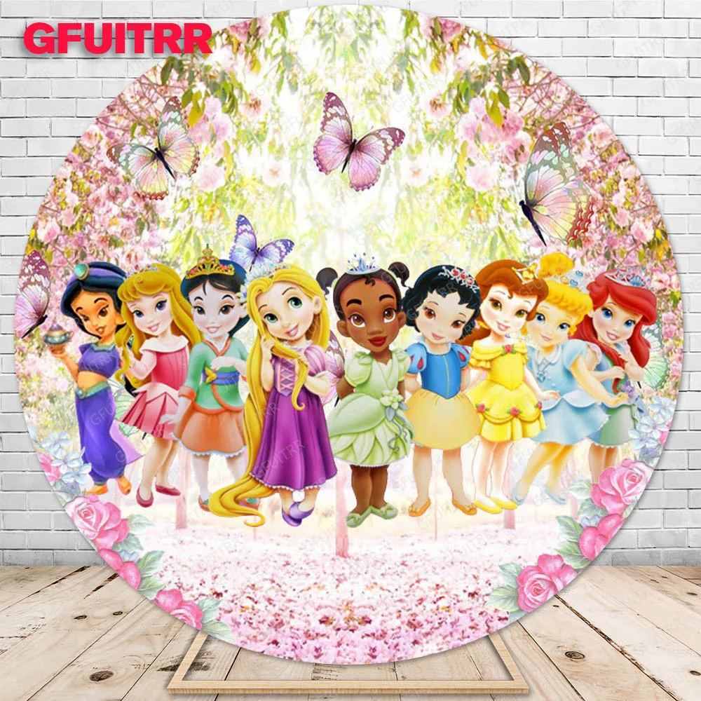 Disney Little Princess Backdrop Round Family Portrait Kid Birthday Party Decoration Photography Background Baby Shower Booth