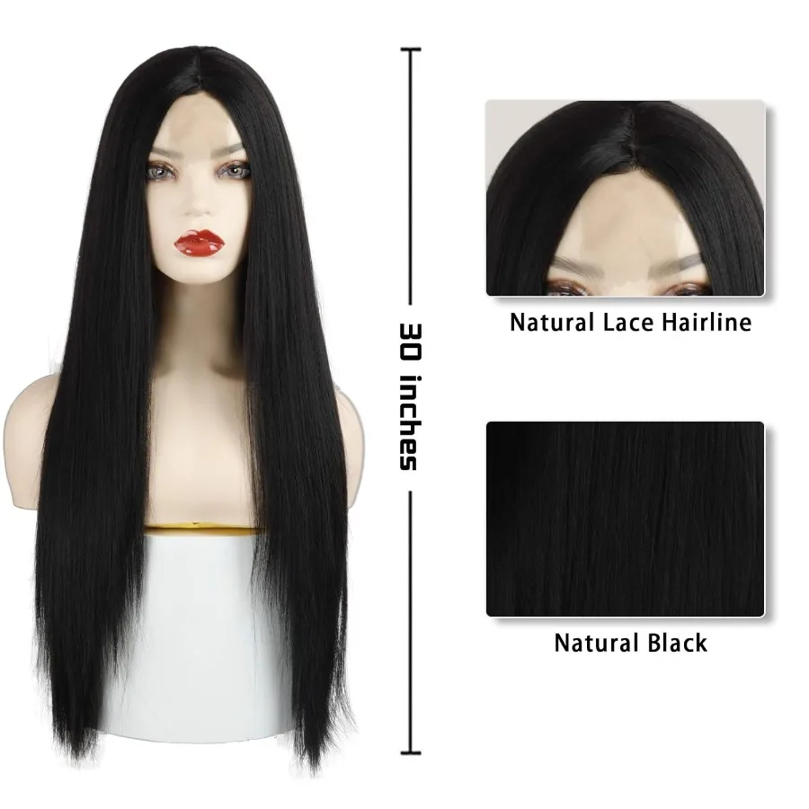 Natürlich aussehende lange, gerade schwarze synthetische Perücke für Frauen, 76,2 cm lange schwarze Haarperücken, ideal für den täglichen Gebrauch, formelle Veranstaltungen und besondere Anlässe
