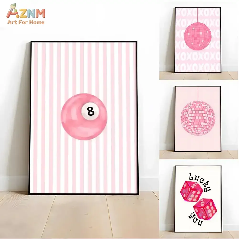 AZNM Pink Disco Ball 8 Ball Dice Canvas Wall Art Retro Preppy Striped Print Unframed Canvas Painting Bedroom Trendy Decor