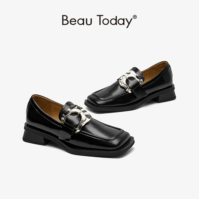 

BeauToday Loafers Women Genuine Cow Leather Slip-on Metal Buckles Decoration Square Toe Flats Ladies Shoes Handmade 27689