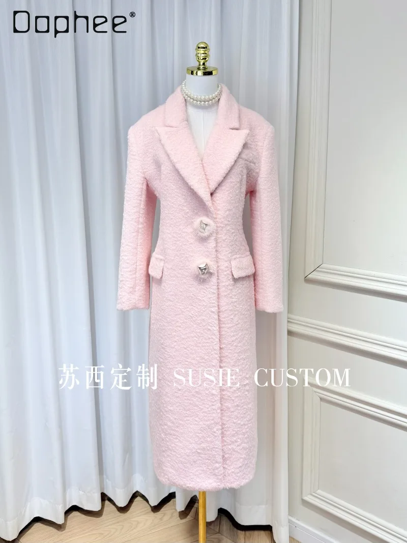 

High-end Elegant Wool Coat Suit Collar Three-dimensional Fur Flower Buttons Mid-length Coat French Socialite Tweed Coat Thicken