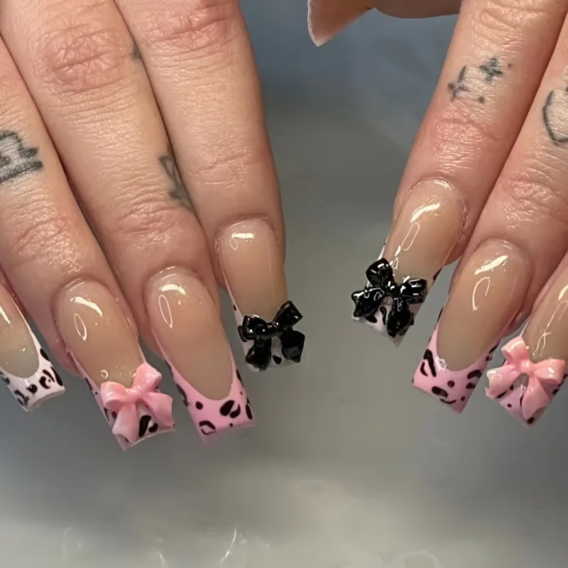 

24PCS Pink Leopard Print French Press on False Nails with Glue 3D Bowknot Simple Square Fake Nails for Women Sweet Cool Manicure