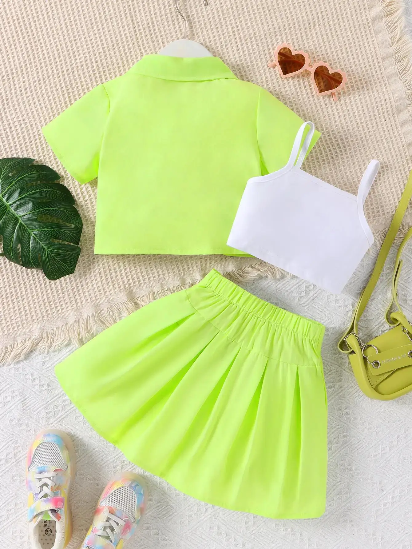 4 5 6 7 Years New Girls Clothing Sets Lapel Fluorescent Color Set 3 Piece Camisole Vest + Lapel Top Short Skirt Set Kids Clothes