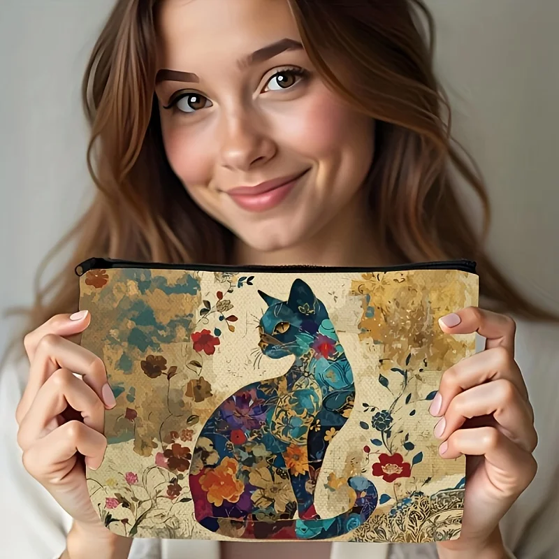 حقيبة مكياج خفيفة الوزن من البوليستر بنمط قطة الزهور النابضة بالحياة مع حقيبة مستحضرات تجميل للسفر بسحاب للنساء، زهور بتصميم فني