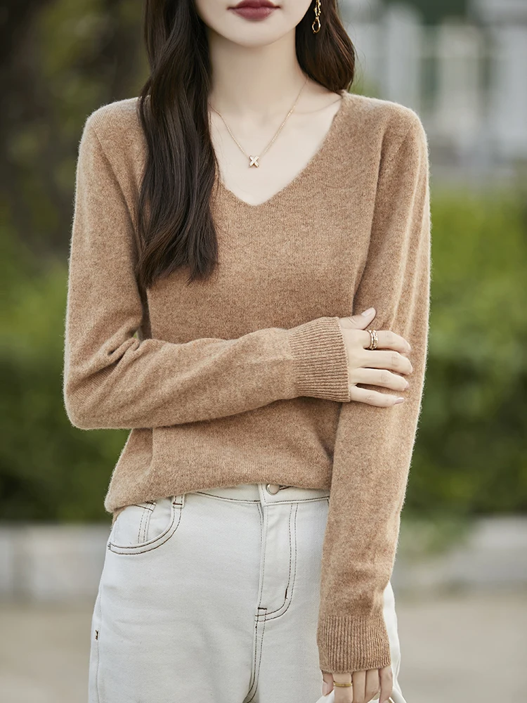 Fashion Basic  Women Merino Wool Sweater  Cashmere Pullover V-Neck Knitwear Slim Solid Collar