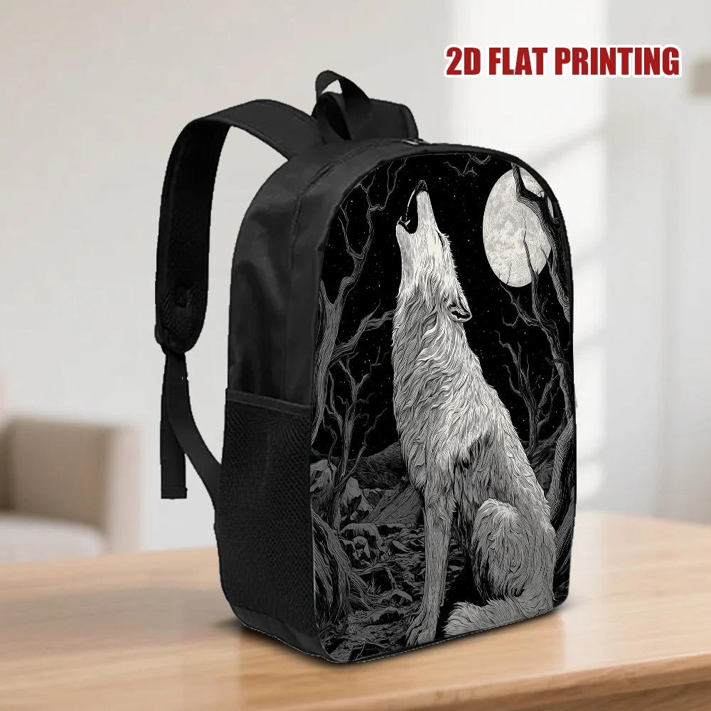 

1 Large Capacity Moon Howling Wolf Backpack - Stylish 2D Flat Printed Shoulder Strap Adjustable Lightweight Durable Cloth