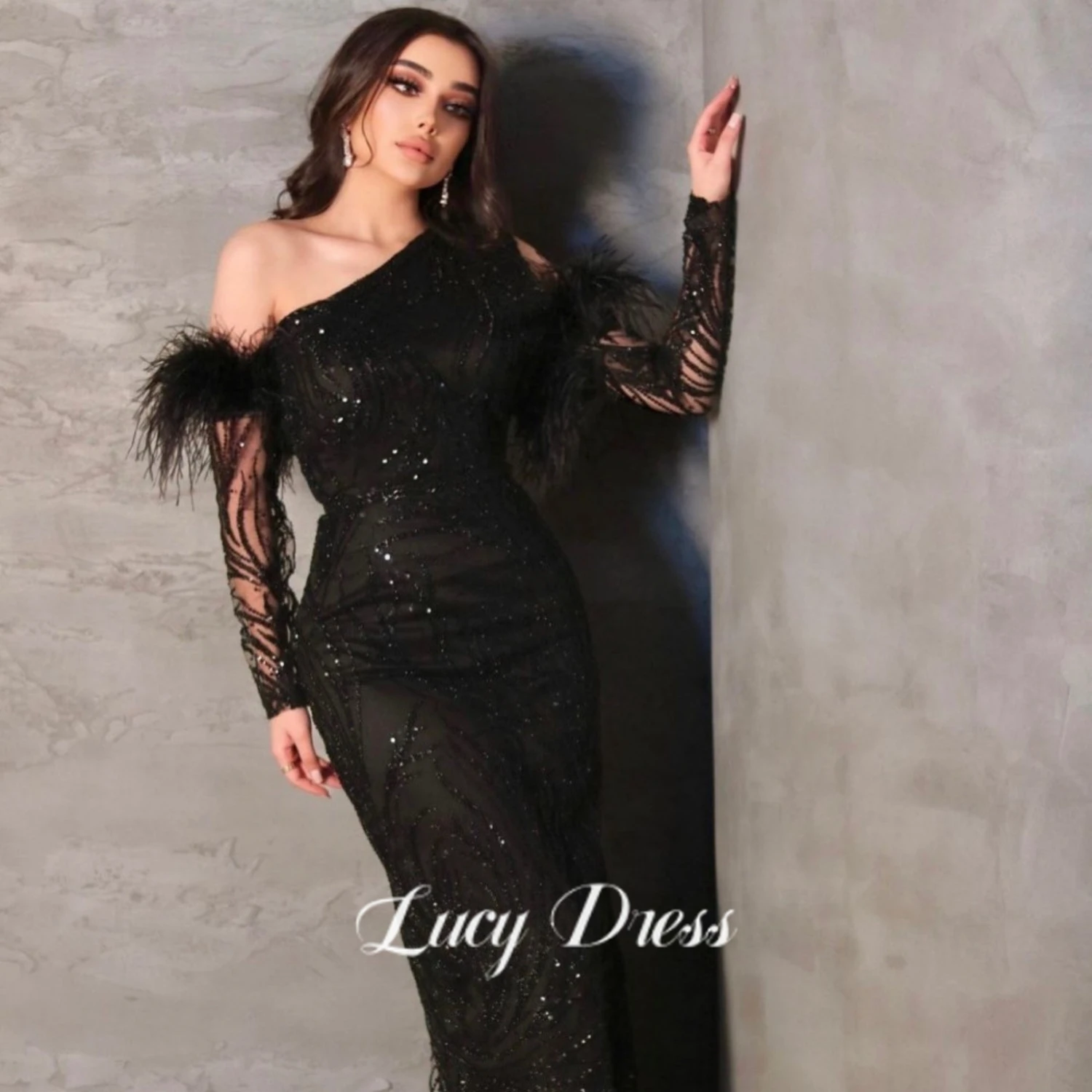 Lucy Evening Dress Feather Decoration Luxurious Black Eid Al-fitr Shiny Bead-embroidered Fabric Mermaid Long Dresses Ball Gowns