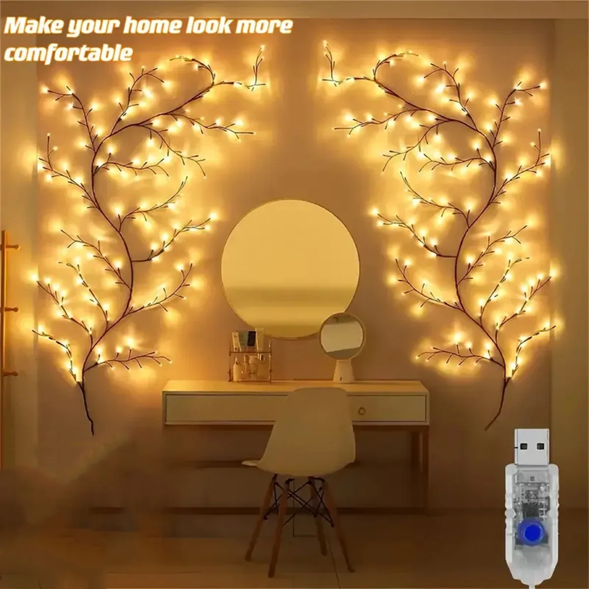 1PCS 72LED/96LED Tree Branch Lamp USB Powered DIY Festive Tree Vine Light for Home Decoration Solar Powered Willow Vine Lights