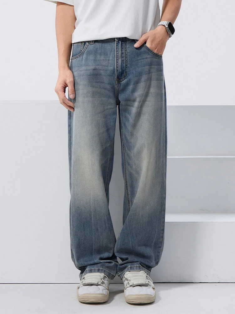 

Джинсы прямого кроя в американском стиле ретро, свободные длинные брюки, мужские летние джинсы из смеси хлопка, полиэстера и лиоцеллы со средней талией