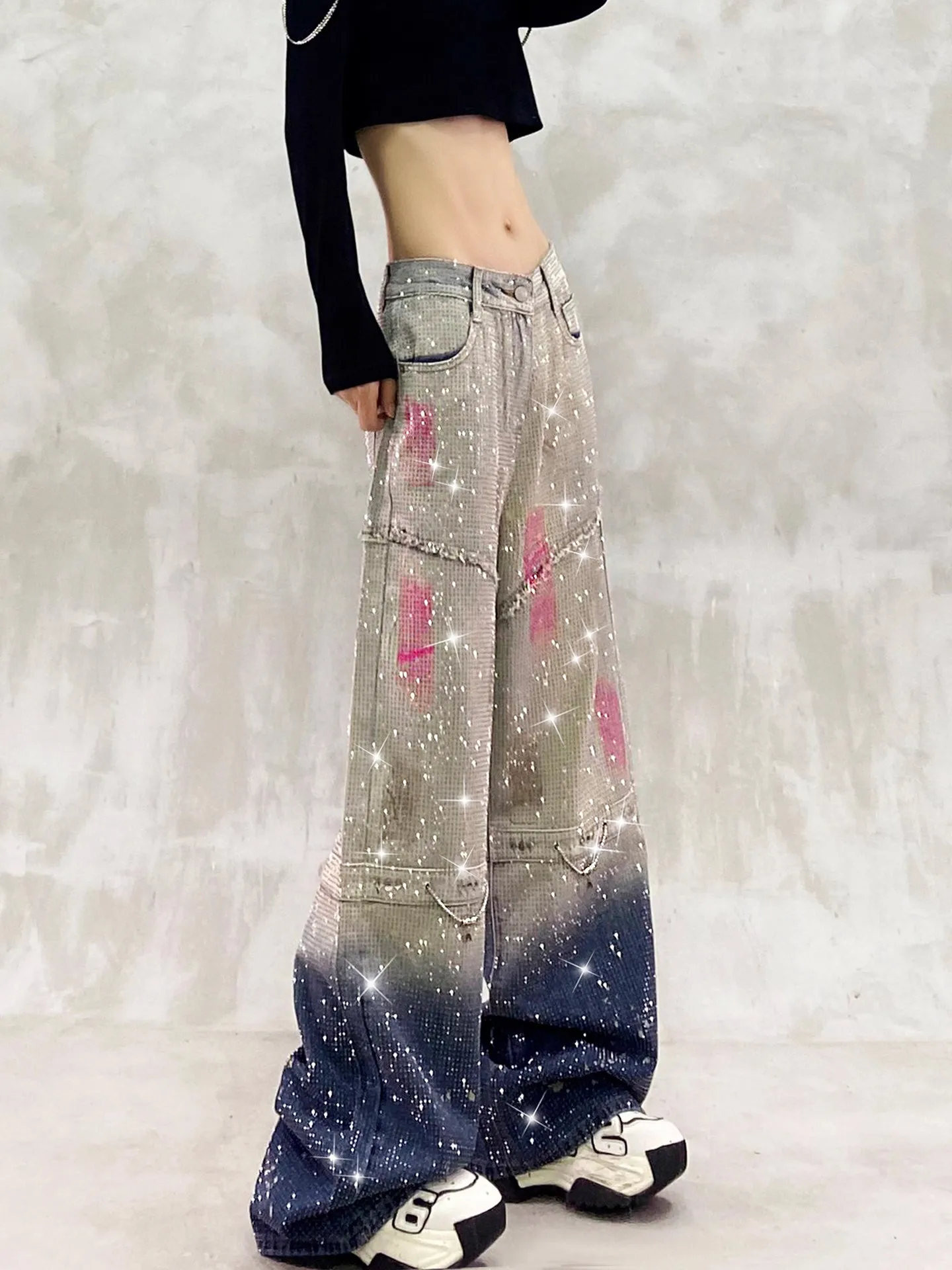 Star Rhinestone Gradient Painted Jeans for Women Fall Winter High-Waist Loose Fit Slimming Straight Wide-Leg Long Pants