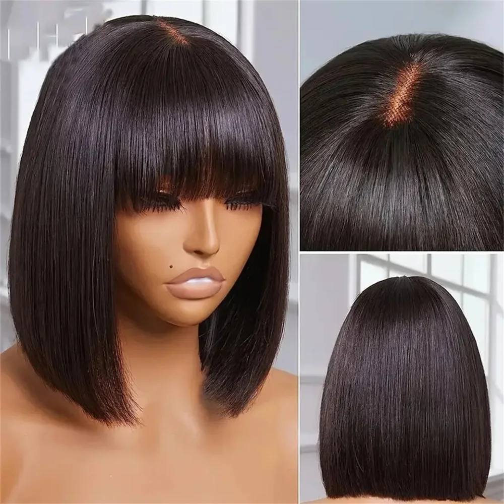 Wig renda Bob coklat gelap, Wig tanpa lem 12 inci pakaian dan jalan untuk wanita warna hitam 100% rambut manusia dengan poni Wig lurus 2x1 180%