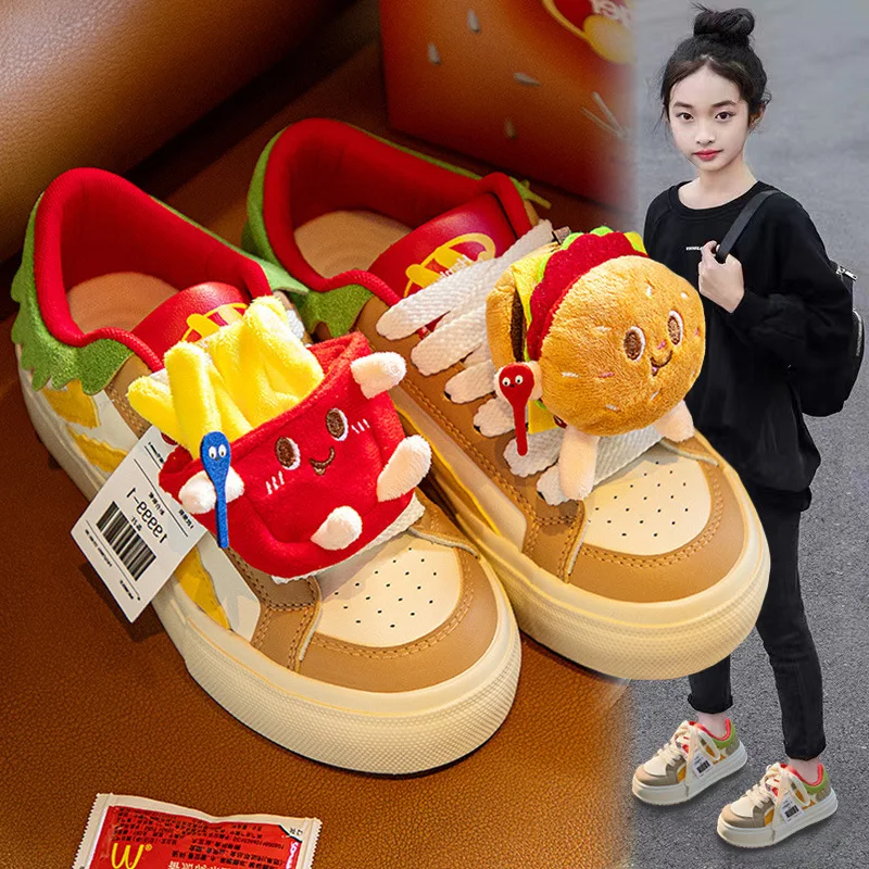 

Hamburger Themed Sneakers 2025 Spring - Chunky Sole White Shoes for Girls, Cartoon & Trendy for School