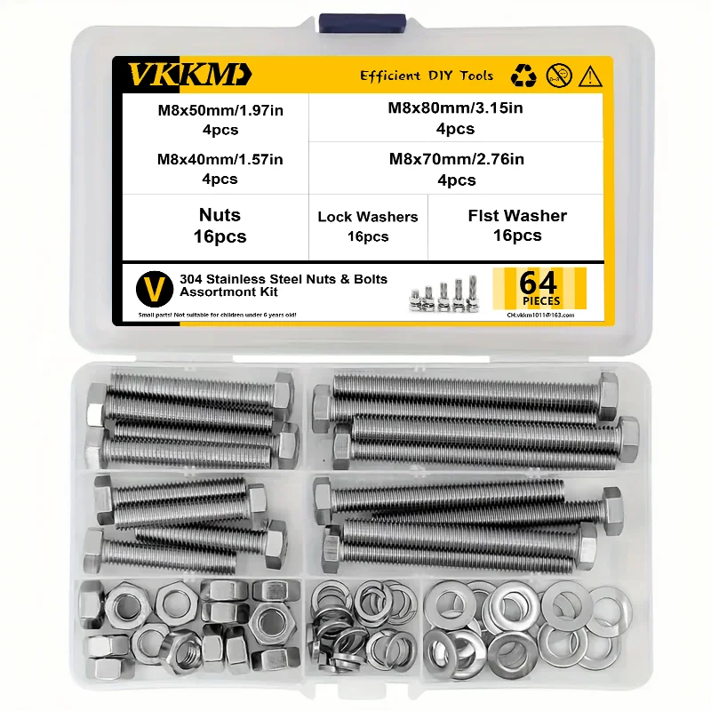 Heavy Duty Nut & Bolt Kit, 304 Stainless Steel Bolts, including 8 sets of the most common sizes, M6, M8, M10, 48-620 pieces