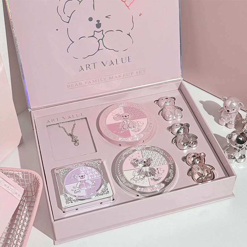 Coffret cadeau de maquillage familial ours, poudre de couleur pour les lèvres, fard à joues, ombre à paupières, cadeau de vacances, ensemble de maquillage