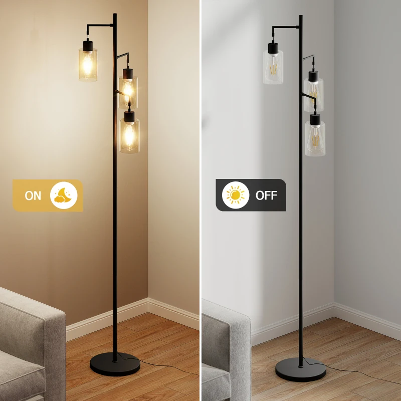 Lampu Lantai Gaya Industrial 3 - Lampu dengan Kap Lampu Kaca Persegi Panjang Lampu Berdiri Retro untuk Ruang Tamu Kamar Tidur Membaca