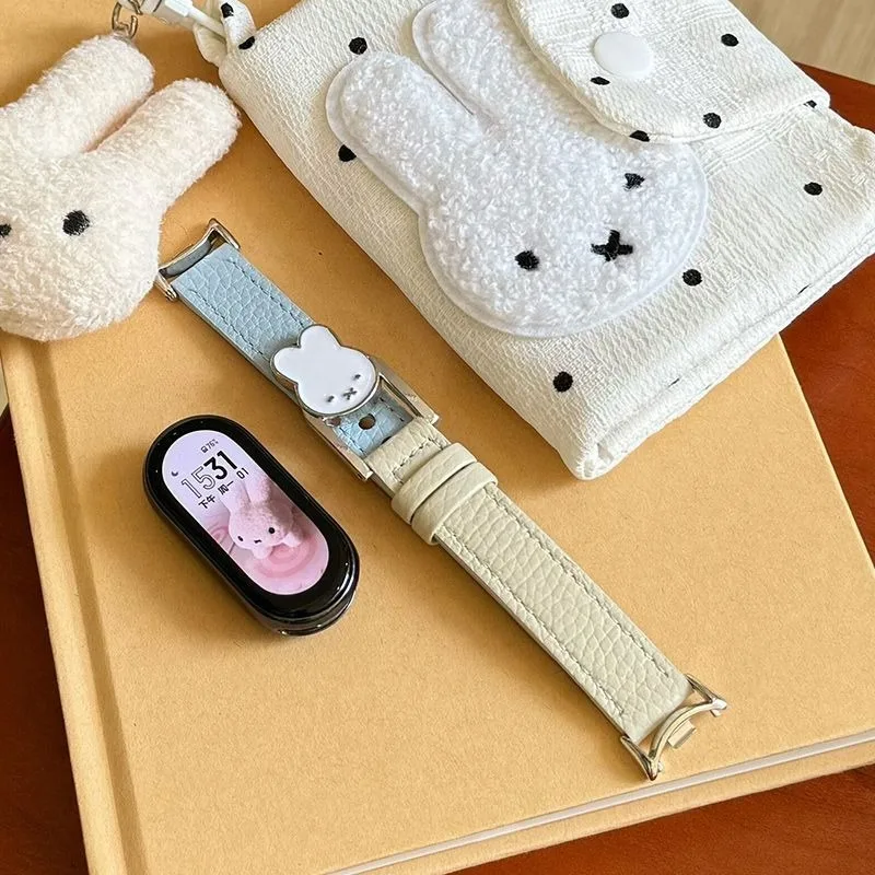 Anime Miffy Leather Watch Band for Apple Watch Series 11 10 9 8 7 6 5 Litchi Grain Texture Cute Women's Summer Wristband Design