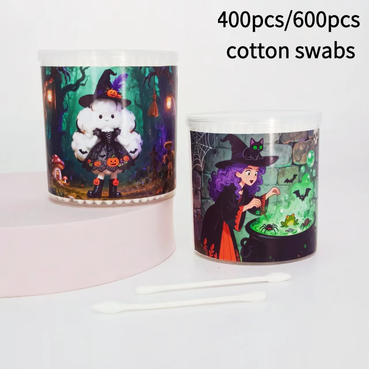 400개/600개 마녀 디자인 면봉 할로윈 테마 원통형 상자 휴일 선물 면봉