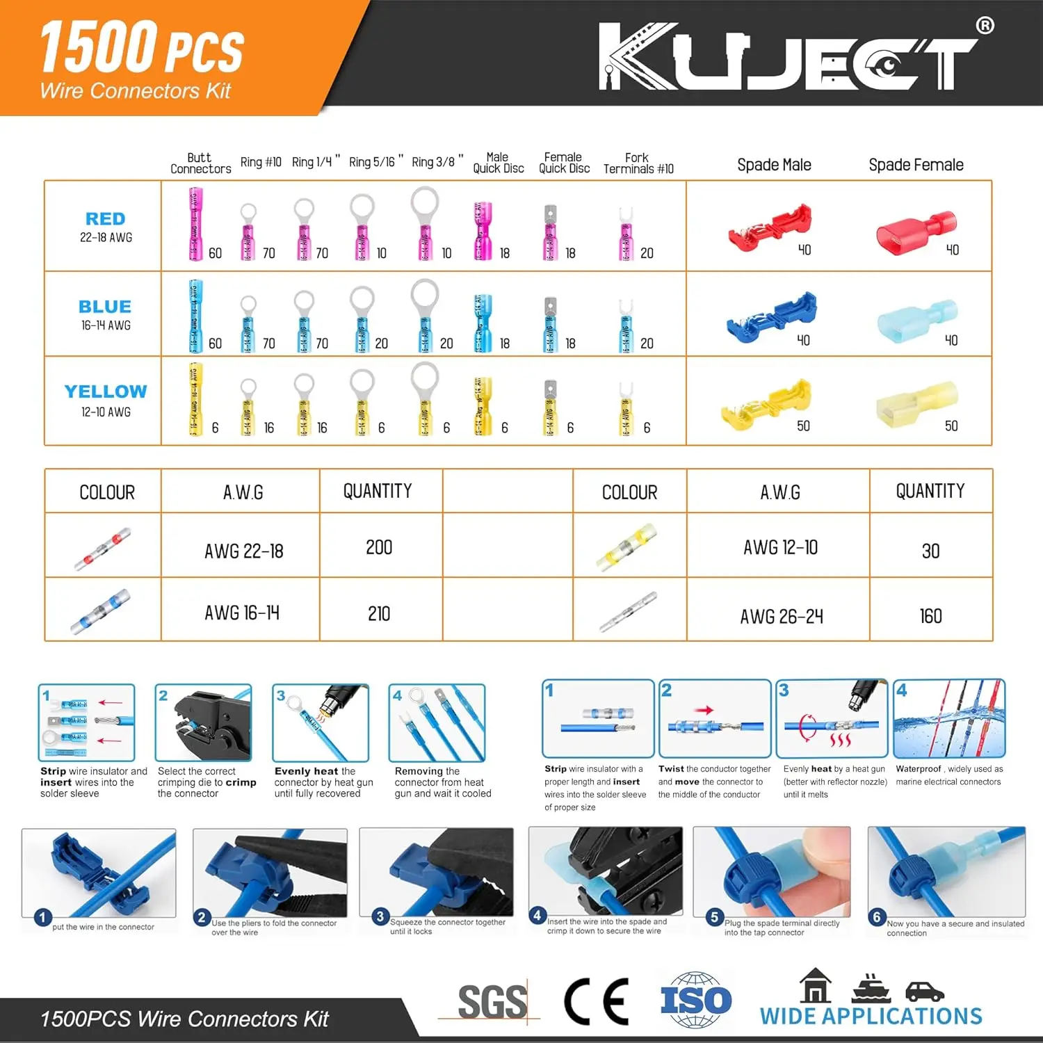 Ultimate Heat Shrink Wire Connectors, 1500PCS Waterproof Electrical Spade Connectors kit, Insulated Crimp Ring Fork Spade