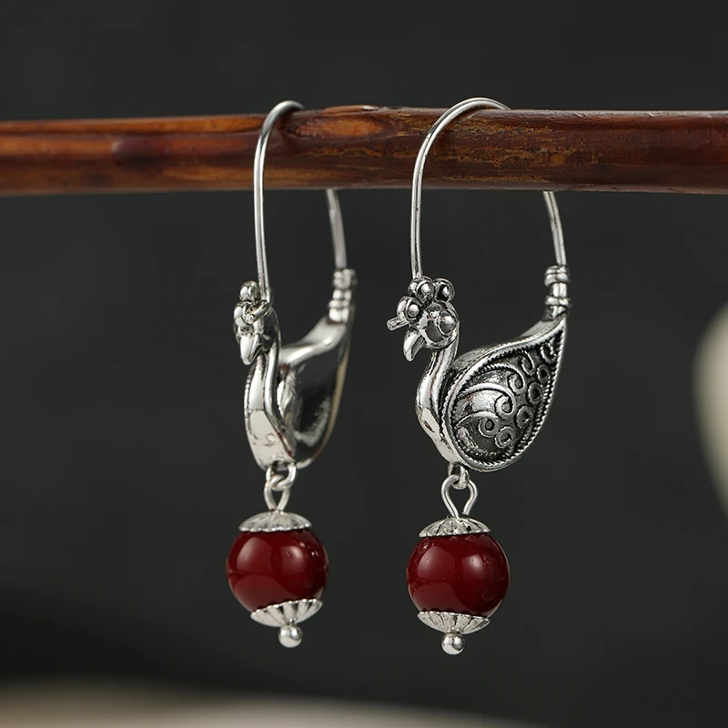 Ethnic Style Vintage Silvery Peacock Dangle Earrings for Women Elegant Delicate Banquet Celebration Artistic Jewelry Accessories