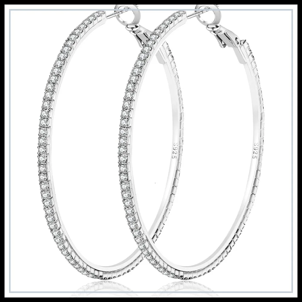 

925 Sterling Silver Hoop Earrings, 20-70mm Sparkly Rhinestone Hoops for Women