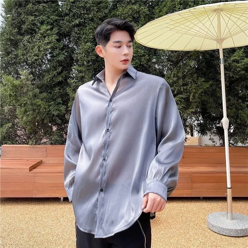 Men's Long Sleeve Sheer Mesh Shirt European Spring Summer Casual Fashion Sexy Solid Color Simple Male Sunscreen Shirts