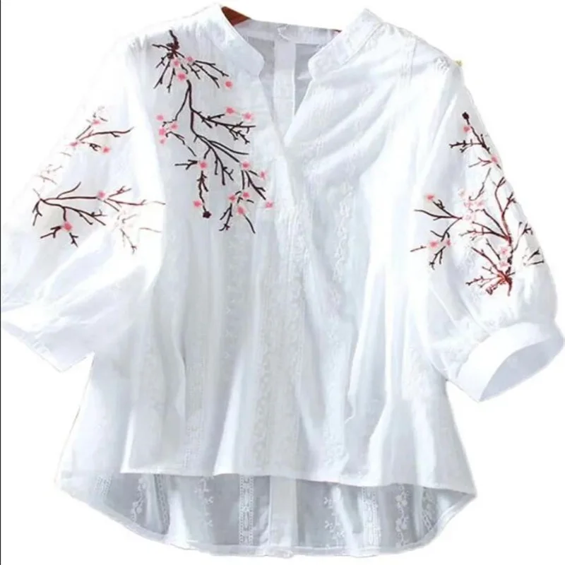 Lace Embroidery Blouses Women\'s Shirts Vintage Pullover Chinese style Blous V-neck Lightweight Summer Top Literary Female Shirt