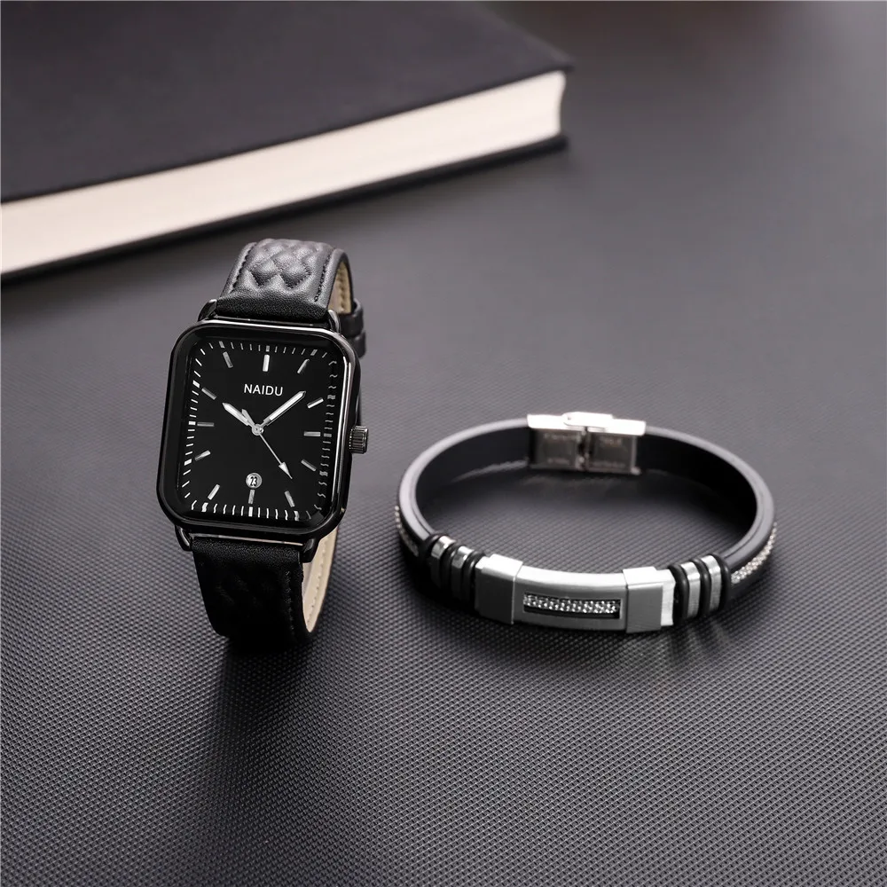 2pcs/set high quality calendar rectangle men leather business watch