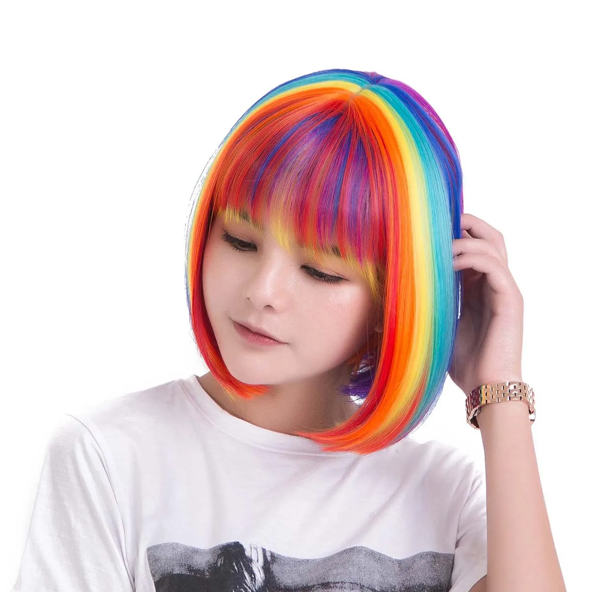 Navidad Halloween fiesta de vacaciones Rainbow Bobo cosplay peluca de pelo sintético corto y recto