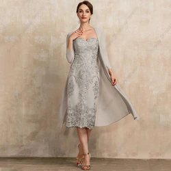 Vestidos grises sin tirantes para madre De la novia, traje De encaje hasta el té, manga larga, fiesta De boda, verano 2023, 2024