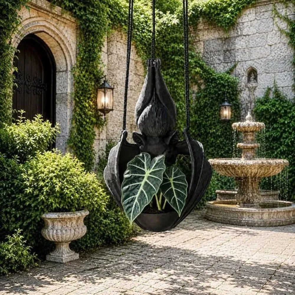 Gothic Style Bat Hanging Planter Plastic Whimsical Bat Shaped Flower Pot Creative Black Bat Wing Flowerpot Garden Decorations