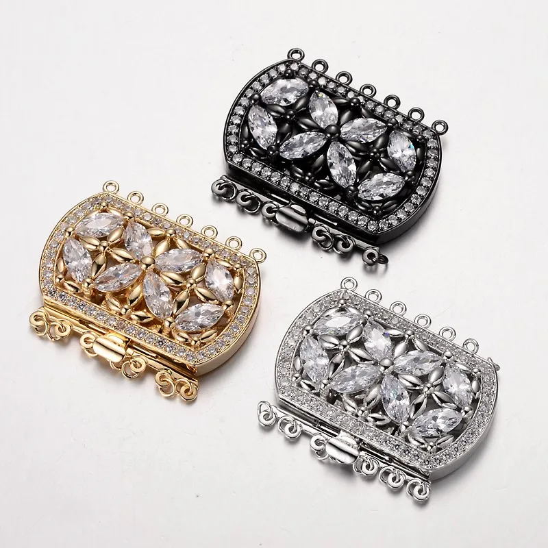 2 sets Brass Cubic Zirconia Box Clasps Rectangle with Flower Multi-strand Clasps Connectors Bracelet Necklace DIY Jewelry Making