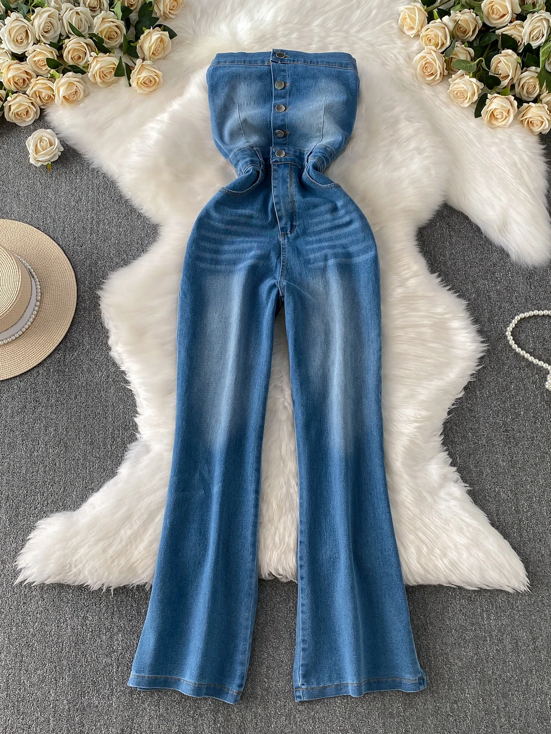 

Американские ретро джинсовые комбинезоны на одной пуговице, женские летние пикантные брюки с высокой талией, тонкие широкие длинные брюки