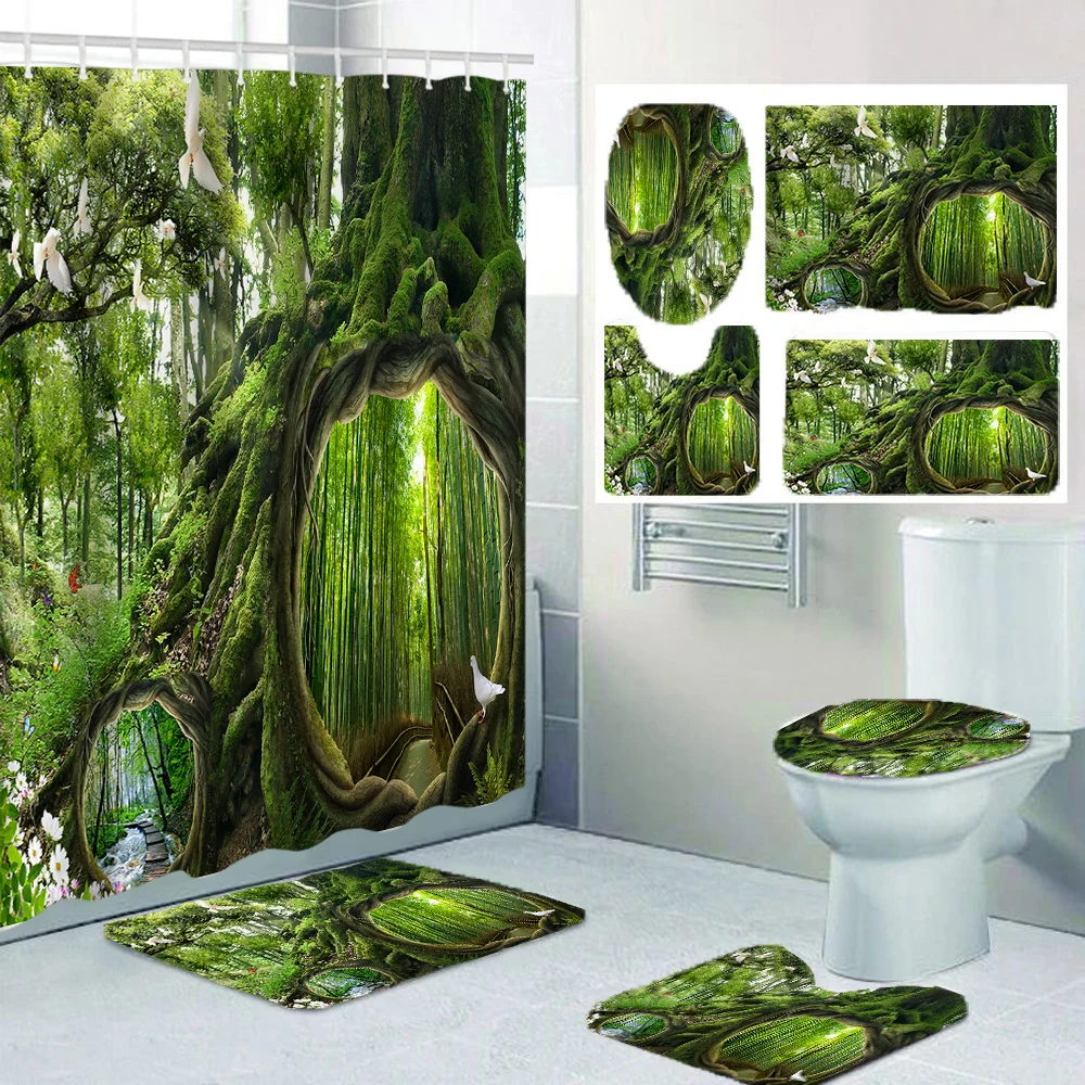 1/4 Forest tree hole shower Curtains, Toilet Seat Decoration, Shower Curtain with Carpet and Toilet Lid, 12 70.8x70.8 inch Hooks