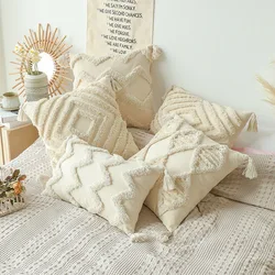 Cotton Tufted Cushion Cover With Tassel Retro Living Room Decorative Pillow Cover For Sofa Home Decor 30x50,45x45cm Pillowcase