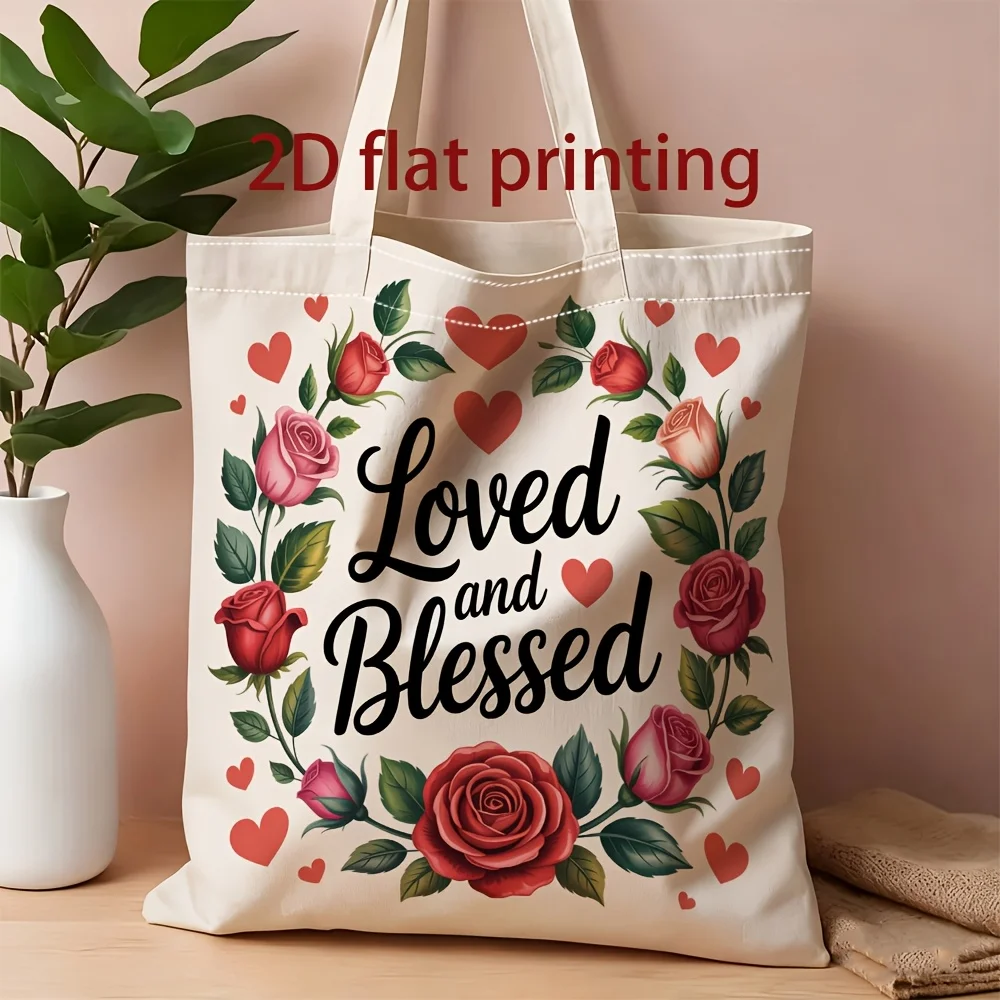1pc Rose & Heart Themed Tote Shopping Bag, Suitable for Daily Use, School, Travel, A Heartwarming Gift for Family and Friends.