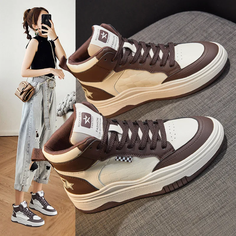 

2025 Spring New Genuine Leather White Shoes Sports Shoes Casual High Top Versatile Thick soled Sponge Cake Shoes for Women