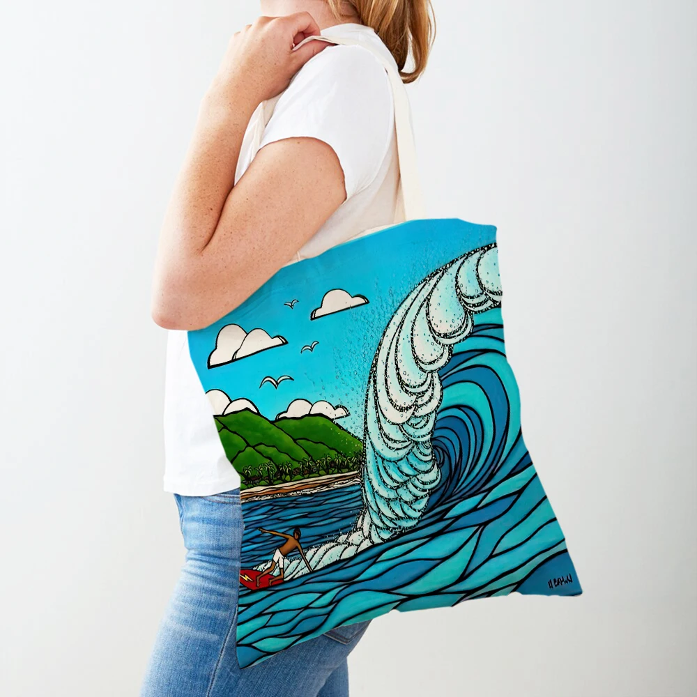 Hawaiian Islands Beach Surfing Women Shopping Bags Casual Canvas Double Print Landscape Girl Shopper Bag Lady Tote Handbags