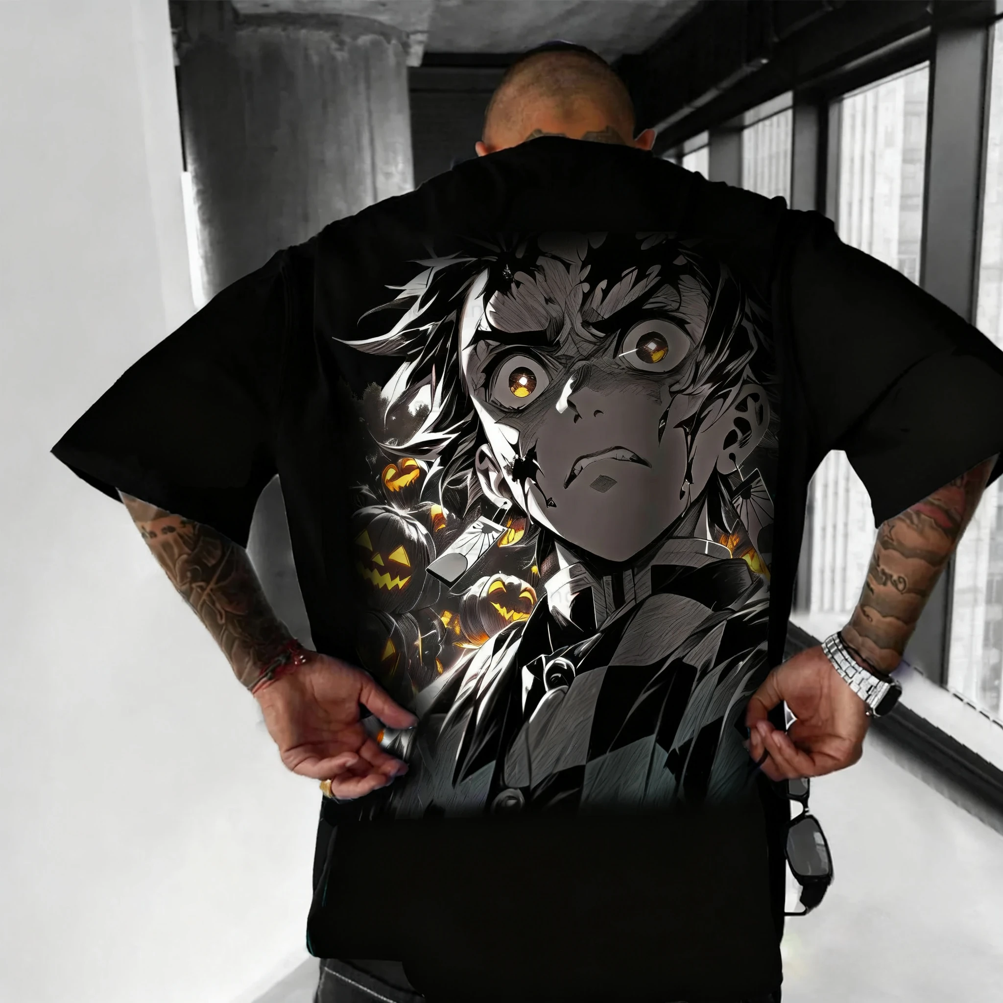 귀멸의 칼날 애니메이션 할로윈 콜라보 프린트 티셔츠 여름 남성용 신상 하라주쿠 캐주얼 루즈핏 부모-자녀 반팔 상의