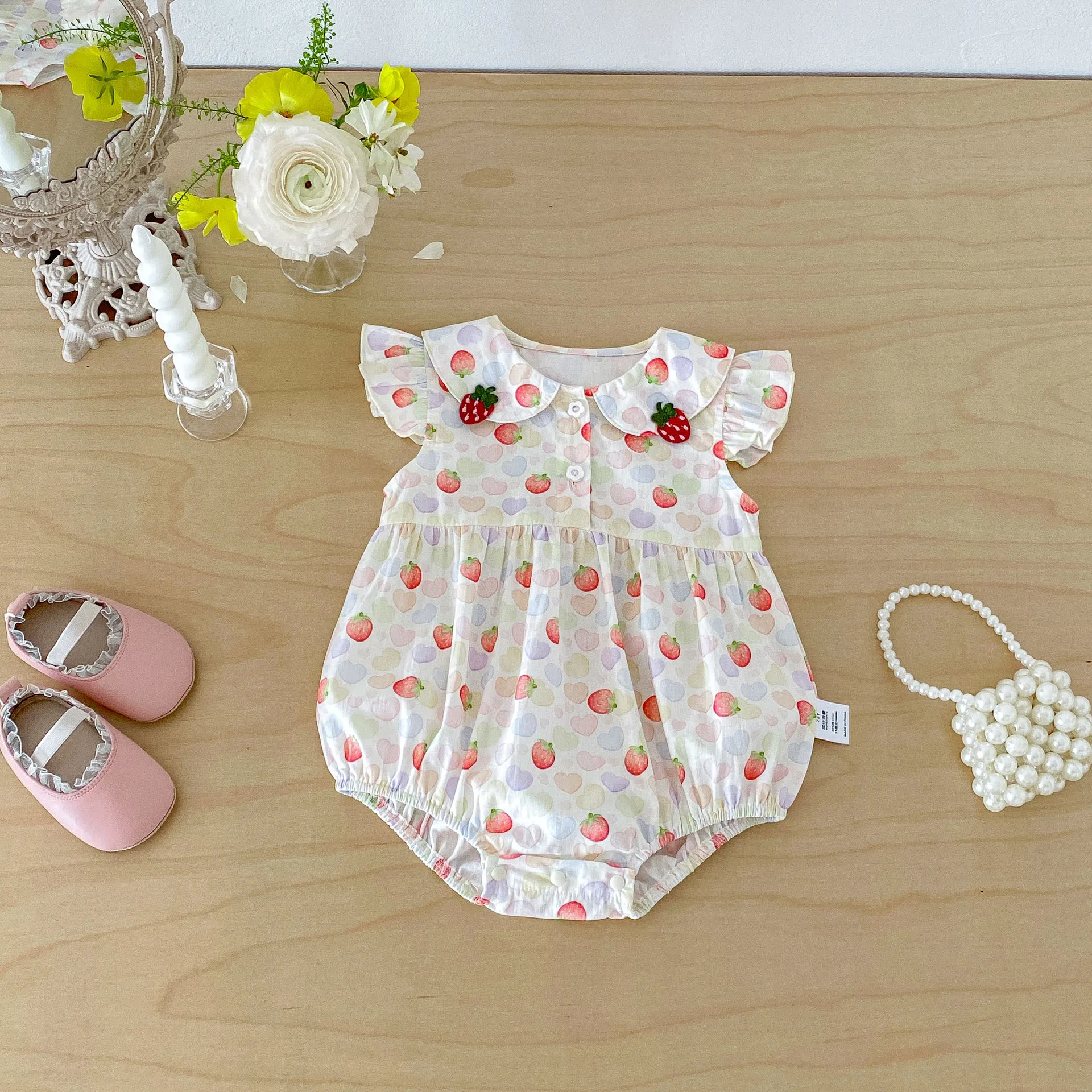 2026 Baby Summer Clothing Newborn Sweet Strawberry One-pieces Thin Cotton Butterfly Sleeve Infant Girls Bodysuit 0-24Months