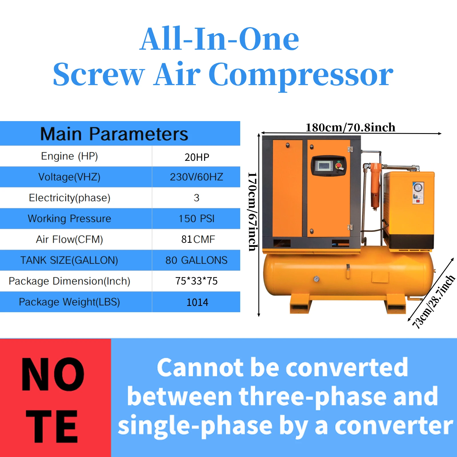 All In One Air Compressor 20HP Rotary Screw Air Compressor 1Ph/3Ph With Gas Tank And Refrigerated Dryer 81CFM/150PSI/230V/60Hz